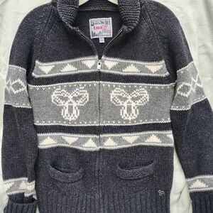 TNA Dark Gray and Cream Zip-Up Knit Sweater with Pattern